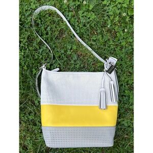 COACH Legacy Perforated Leather Lemon Stripe Convertible Duffle Bucket Bag NWT